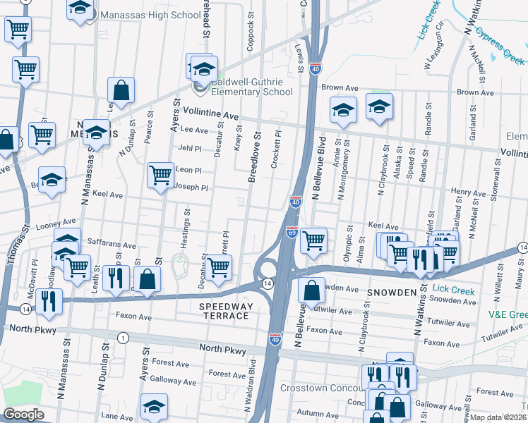 map of restaurants, bars, coffee shops, grocery stores, and more near 798 Crockett Place in Memphis