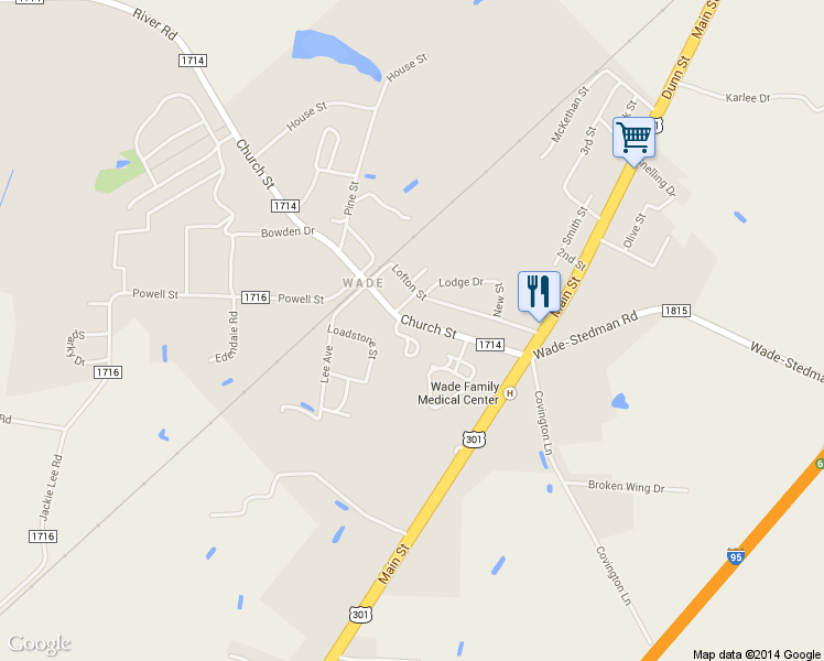map of restaurants, bars, coffee shops, grocery stores, and more near 4030 Church St in Wade