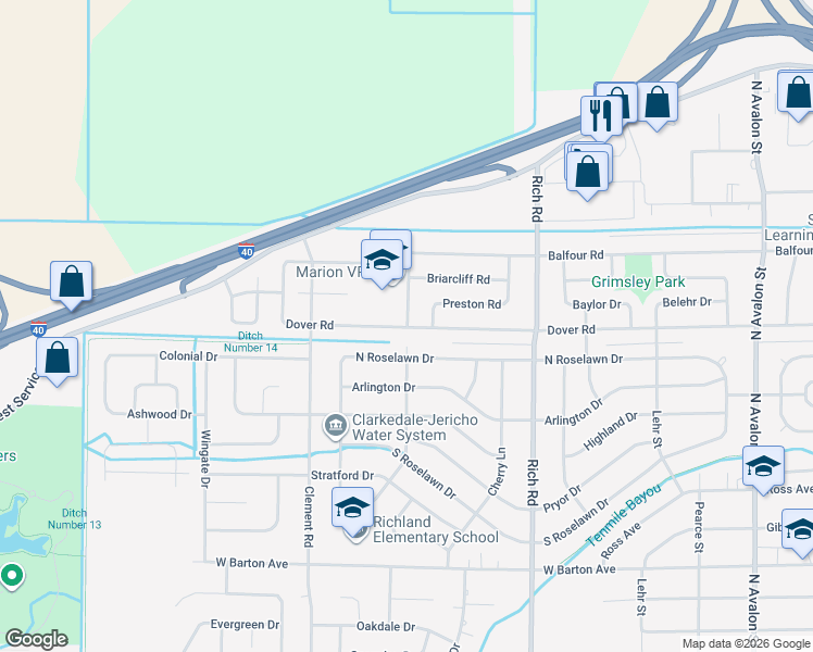 map of restaurants, bars, coffee shops, grocery stores, and more near 1402 Crestmere Street in West Memphis