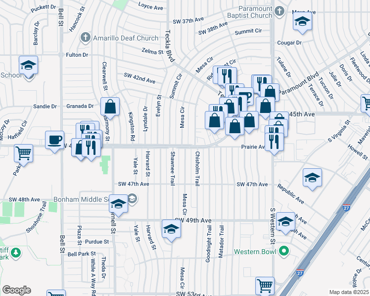 map of restaurants, bars, coffee shops, grocery stores, and more near 5001 Southwest 45th Avenue in Amarillo