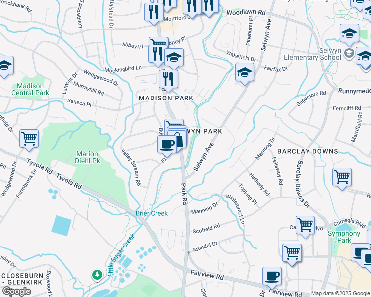 map of restaurants, bars, coffee shops, grocery stores, and more near 5055 Park Road in Charlotte