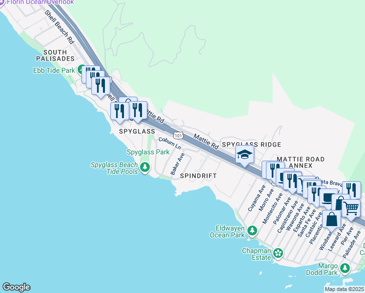 map of restaurants, bars, coffee shops, grocery stores, and more near 2460 Coburn Lane in Pismo Beach