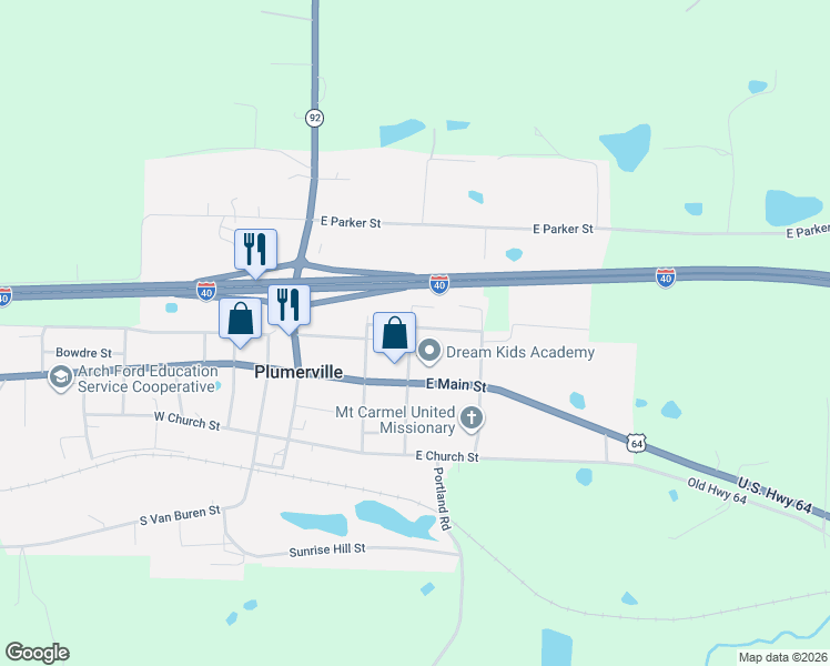 map of restaurants, bars, coffee shops, grocery stores, and more near 302 Stacks Street in Plumerville