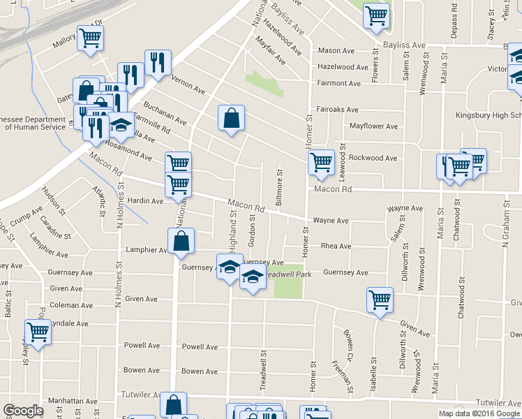 map of restaurants, bars, coffee shops, grocery stores, and more near Macon Rd & Gordon St in Memphis