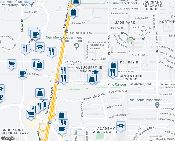 map of restaurants, bars, coffee shops, grocery stores, and more near 7112 Pan American Freeway in Albuquerque