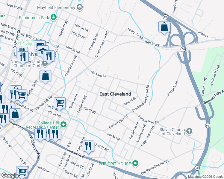map of restaurants, bars, coffee shops, grocery stores, and more near 1145 12th St NE in Cleveland