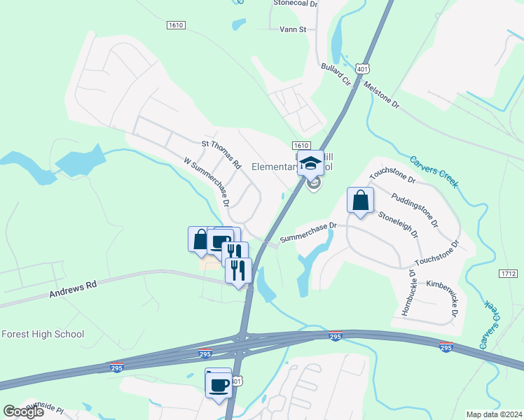 map of restaurants, bars, coffee shops, grocery stores, and more near 220 Saint Thomas Road in Fayetteville