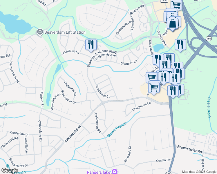 map of restaurants, bars, coffee shops, grocery stores, and more near 10120 Trailmoor Road in Charlotte