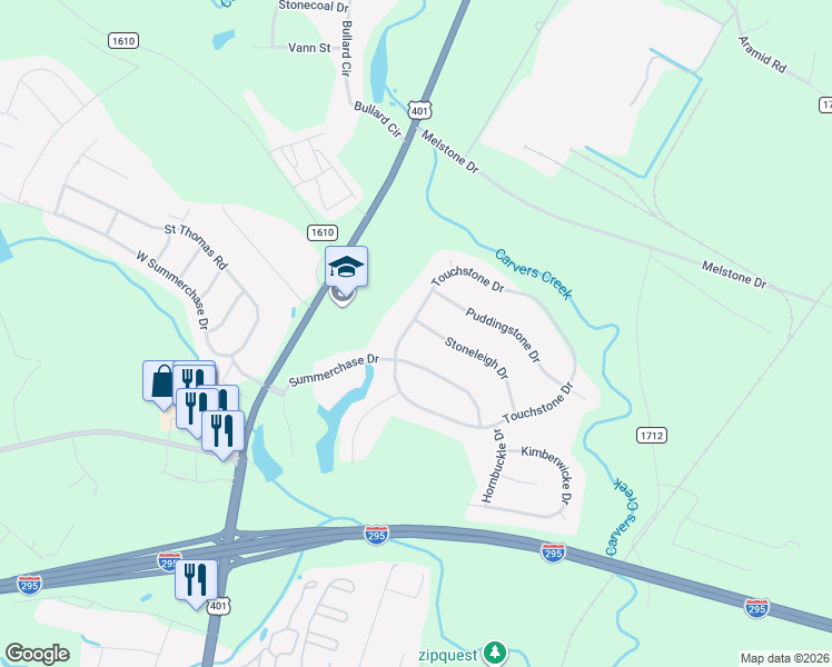 map of restaurants, bars, coffee shops, grocery stores, and more near 6308 Touchstone Drive in Fayetteville