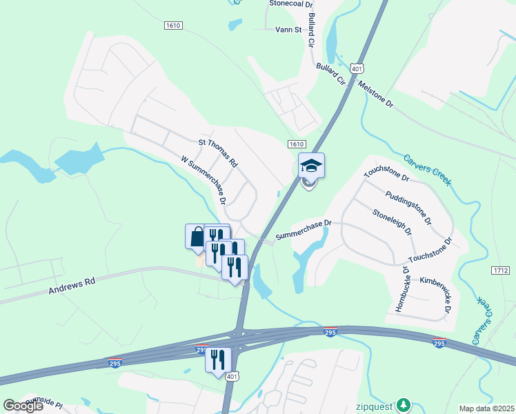 map of restaurants, bars, coffee shops, grocery stores, and more near 220 Saint Thomas Road in Fayetteville