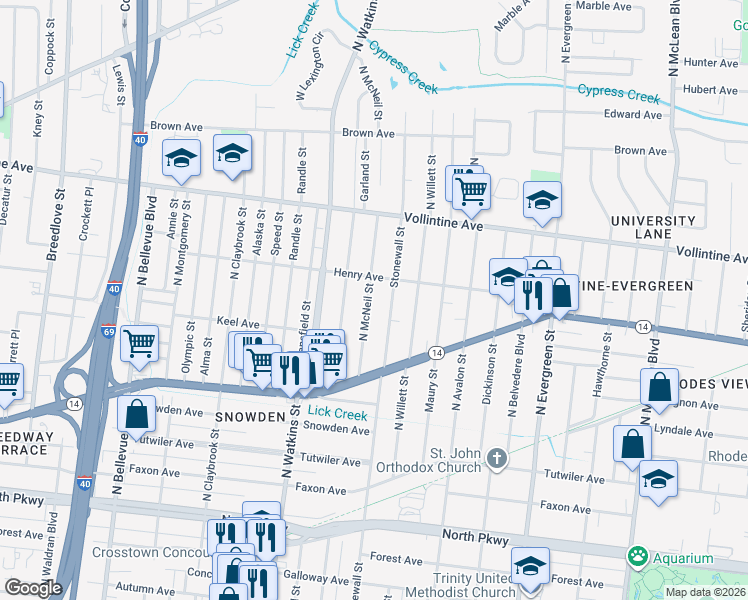 map of restaurants, bars, coffee shops, grocery stores, and more near 830 North McNeil Street in Memphis