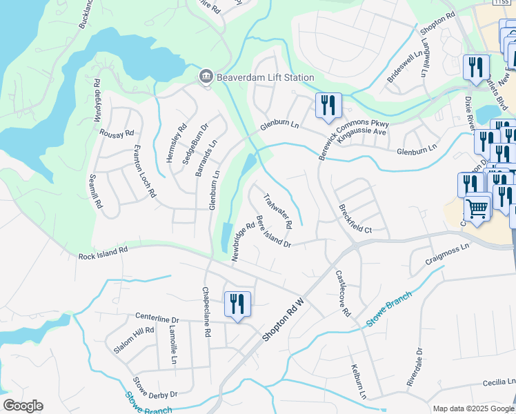map of restaurants, bars, coffee shops, grocery stores, and more near 10718 Bere Island Drive in Charlotte