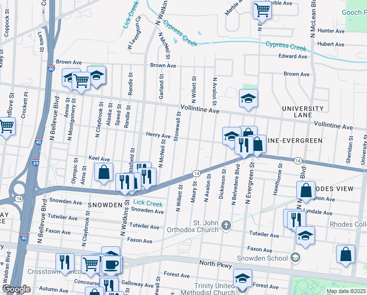 map of restaurants, bars, coffee shops, grocery stores, and more near 835 North Willett Street in Memphis