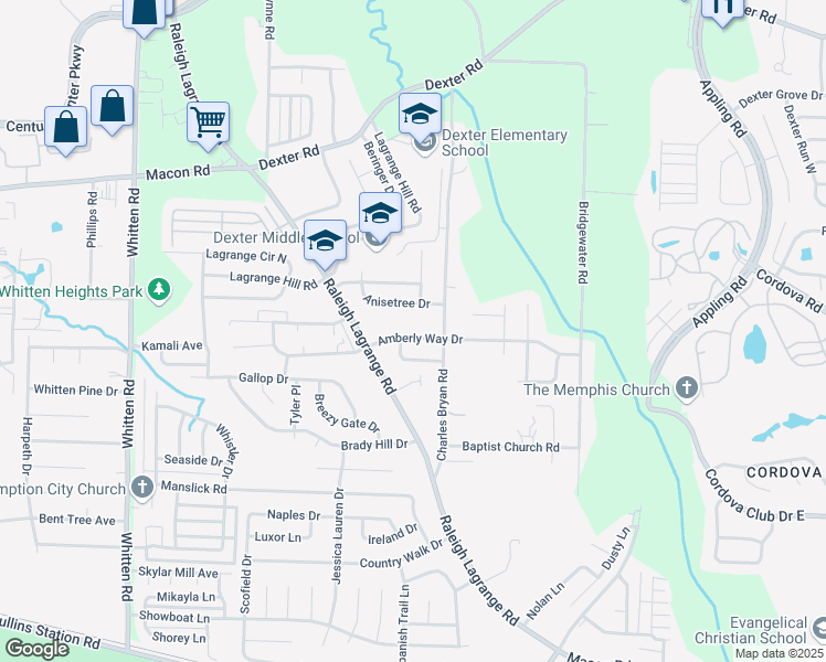 map of restaurants, bars, coffee shops, grocery stores, and more near 7100 Amberly Way Drive in Shelby County