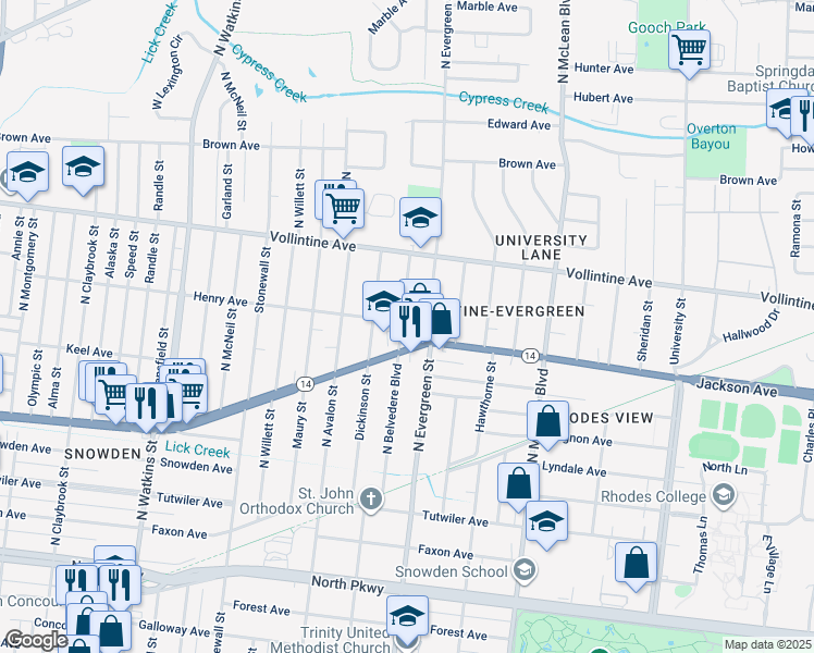 map of restaurants, bars, coffee shops, grocery stores, and more near 856 North Belvedere Boulevard in Memphis