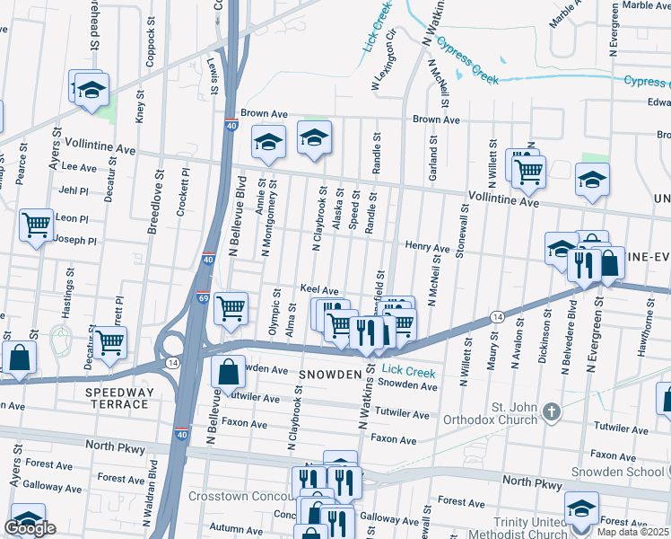 map of restaurants, bars, coffee shops, grocery stores, and more near 832 Alaska Street in Memphis