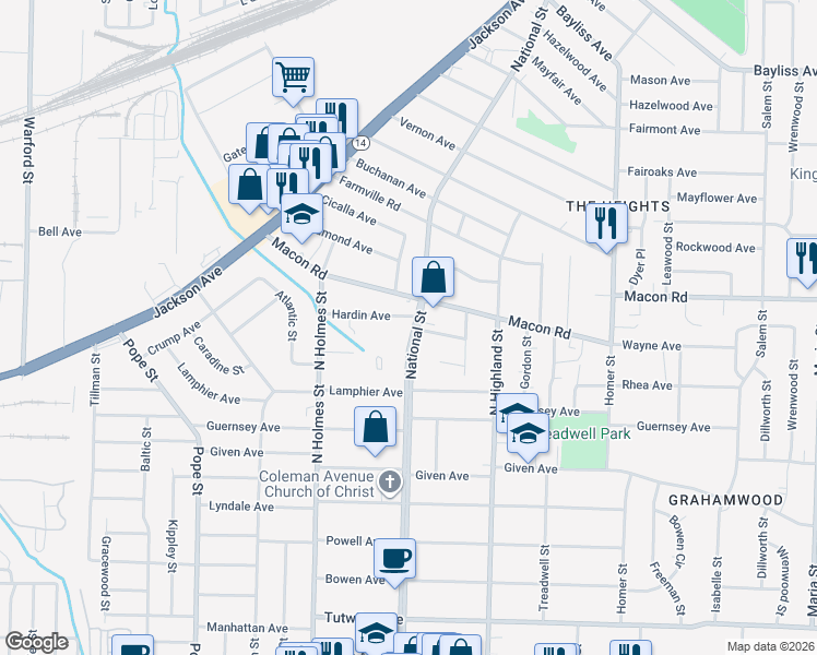 map of restaurants, bars, coffee shops, grocery stores, and more near 1073 National Street in Memphis