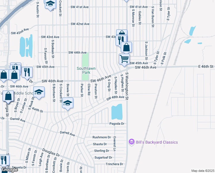 map of restaurants, bars, coffee shops, grocery stores, and more near 4614 South Ong Street in Amarillo