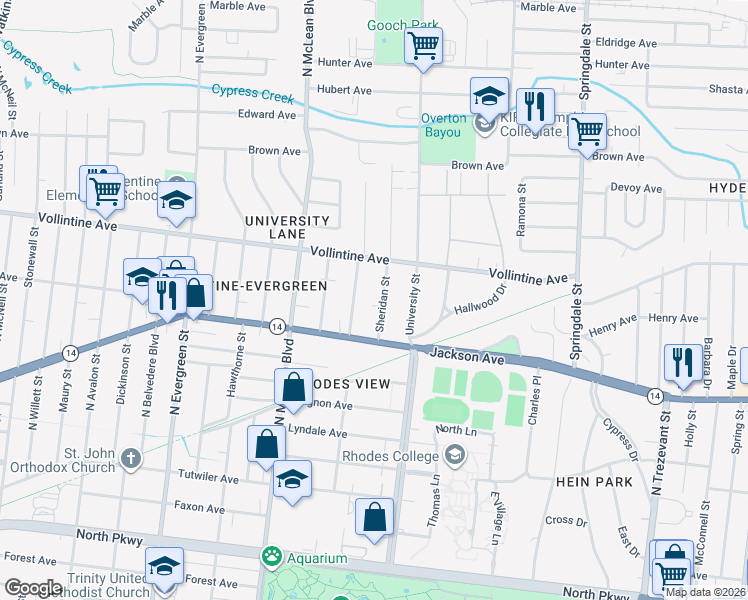 map of restaurants, bars, coffee shops, grocery stores, and more near 887 Sheridan Street in Memphis