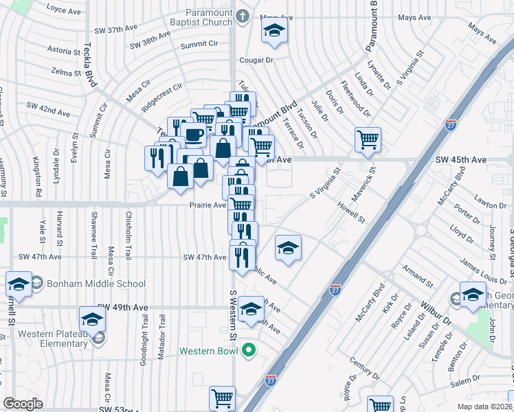 map of restaurants, bars, coffee shops, grocery stores, and more near 4120 Prairie Avenue in Amarillo