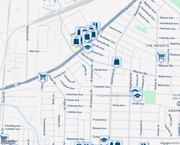 map of restaurants, bars, coffee shops, grocery stores, and more near 1069 North Holmes Street in Memphis