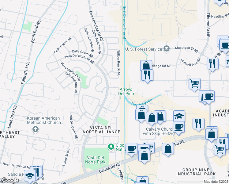 map of restaurants, bars, coffee shops, grocery stores, and more near 7305 Villa Rosado Northeast in Albuquerque