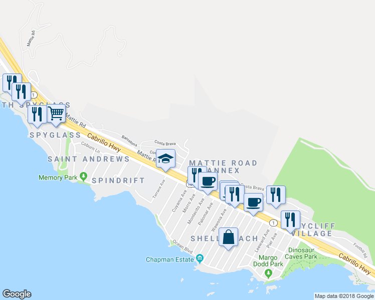map of restaurants, bars, coffee shops, grocery stores, and more near 1836 Costa Brava in Pismo Beach