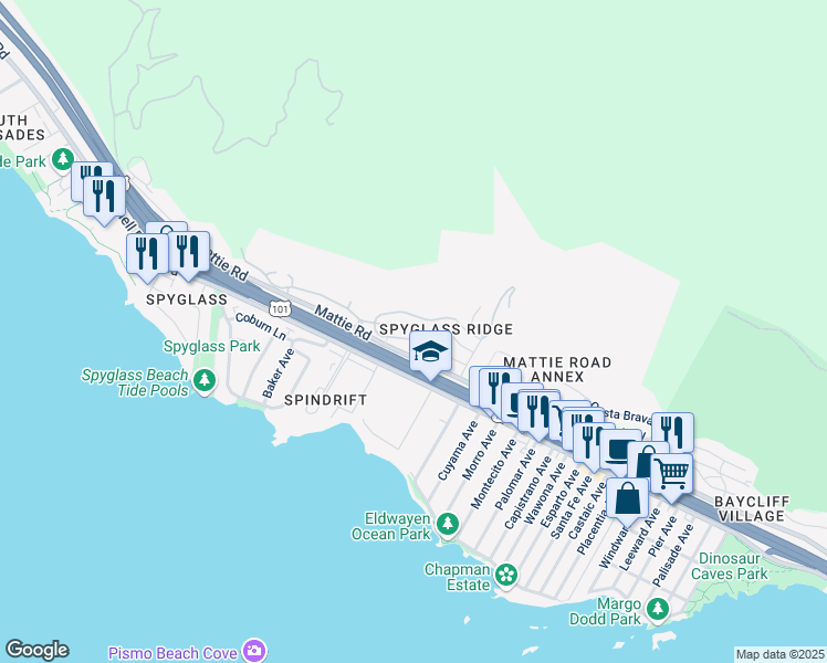 map of restaurants, bars, coffee shops, grocery stores, and more near 2055 Barcelona in Pismo Beach