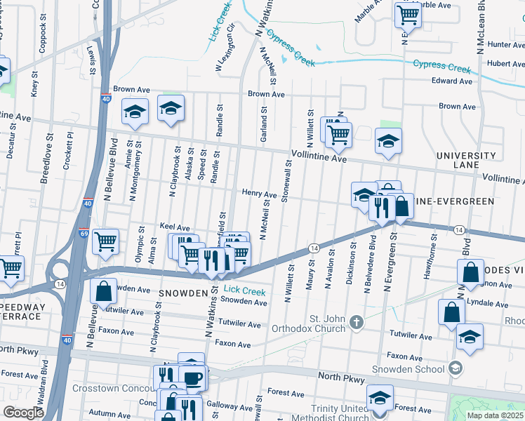 map of restaurants, bars, coffee shops, grocery stores, and more near 829 North McNeil Street in Memphis
