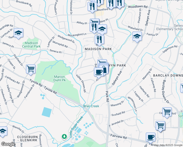 map of restaurants, bars, coffee shops, grocery stores, and more near 1412 Cortland Rd E in Charlotte