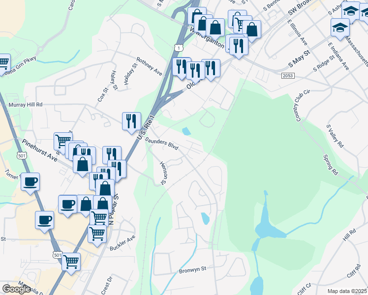 map of restaurants, bars, coffee shops, grocery stores, and more near Guilford Rd in Southern Pines