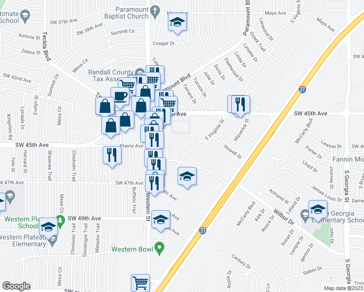 map of restaurants, bars, coffee shops, grocery stores, and more near 4600 South Virginia Street in Amarillo