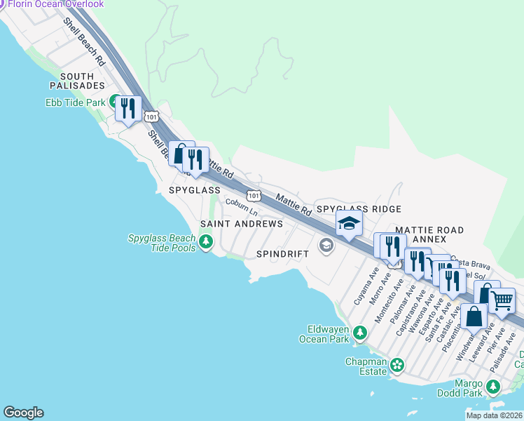 map of restaurants, bars, coffee shops, grocery stores, and more near 2450 Coburn Lane in Pismo Beach