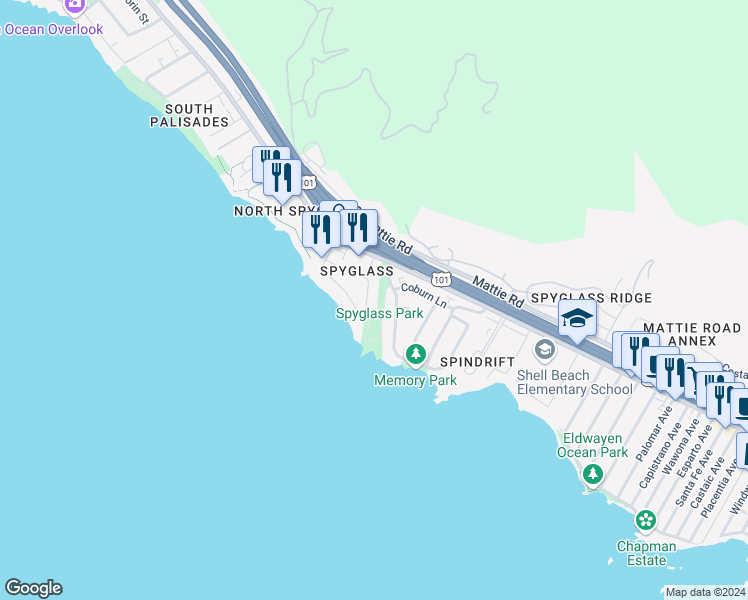 map of restaurants, bars, coffee shops, grocery stores, and more near 116 Seacliff Drive in Pismo Beach