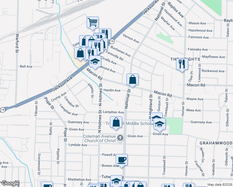 map of restaurants, bars, coffee shops, grocery stores, and more near 3345 Hardin Avenue in Memphis