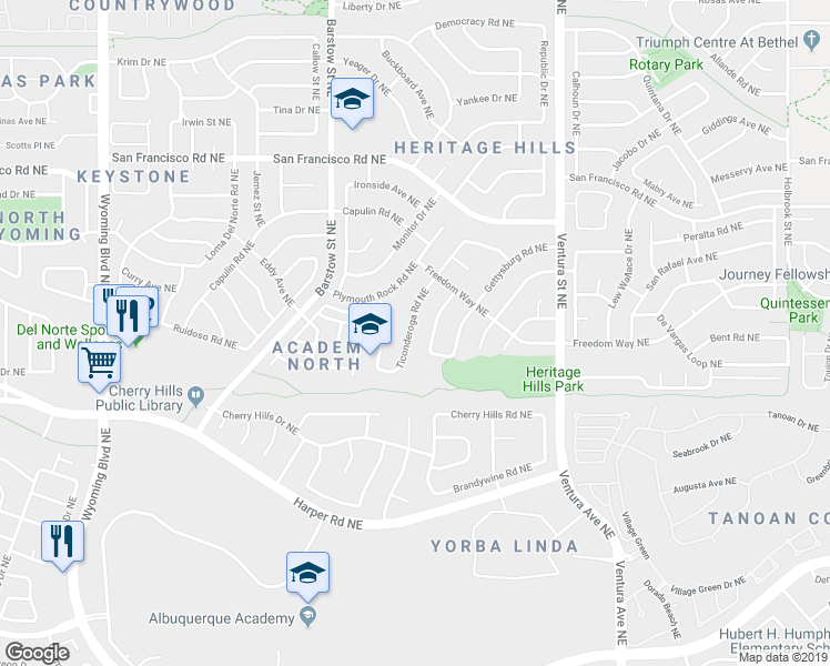 map of restaurants, bars, coffee shops, grocery stores, and more near 7128 Ticonderoga Road Northeast in Albuquerque