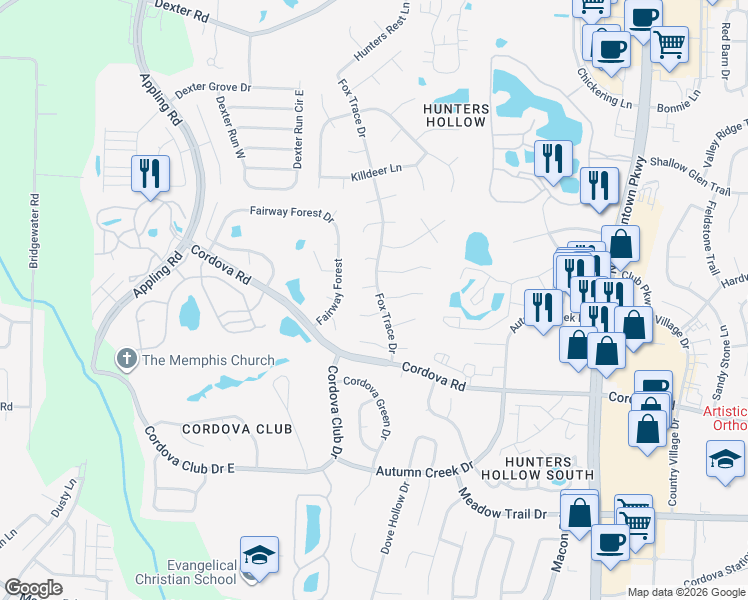 map of restaurants, bars, coffee shops, grocery stores, and more near 1311 Fox Trace Drive in Memphis