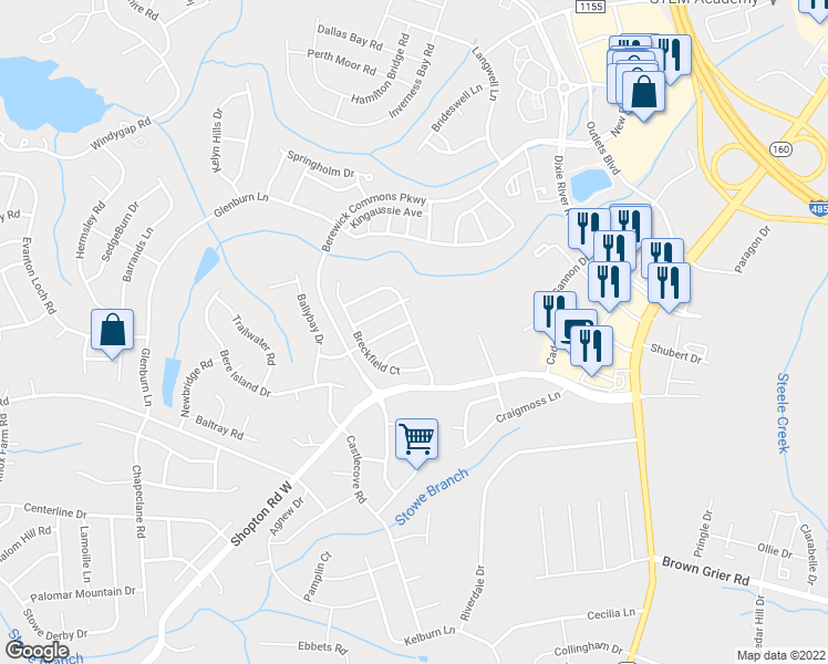 map of restaurants, bars, coffee shops, grocery stores, and more near KirkWynd Commons Dr in Charlotte
