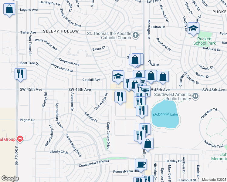map of restaurants, bars, coffee shops, grocery stores, and more near 7469 Southwest 45th Avenue in Amarillo