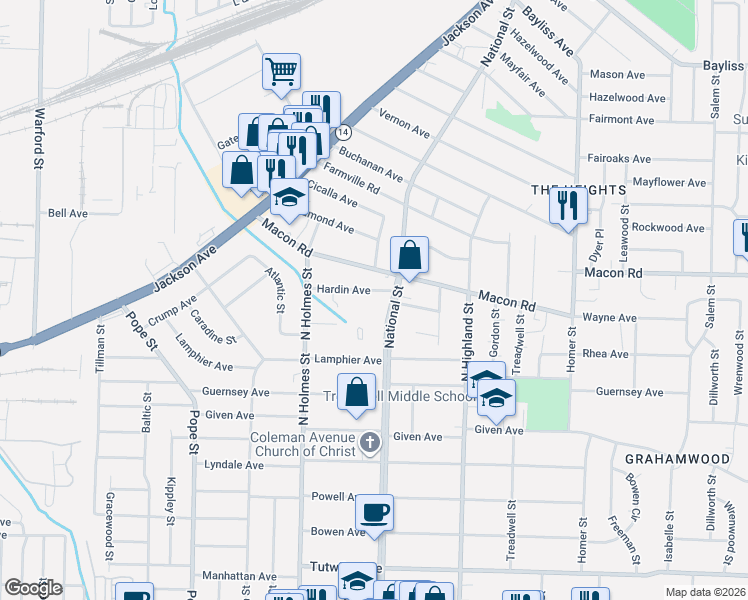 map of restaurants, bars, coffee shops, grocery stores, and more near 1073 National Street in Memphis