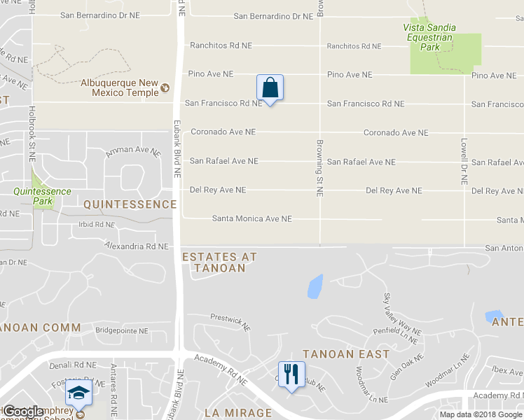 map of restaurants, bars, coffee shops, grocery stores, and more near 10811 Santa Monica Avenue Northeast in Albuquerque