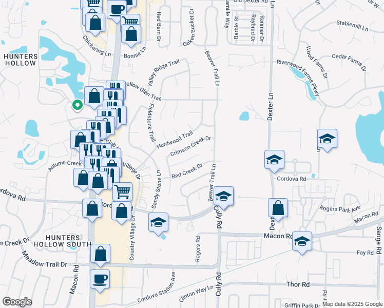 map of restaurants, bars, coffee shops, grocery stores, and more near 8270 River Creek Cove in Memphis