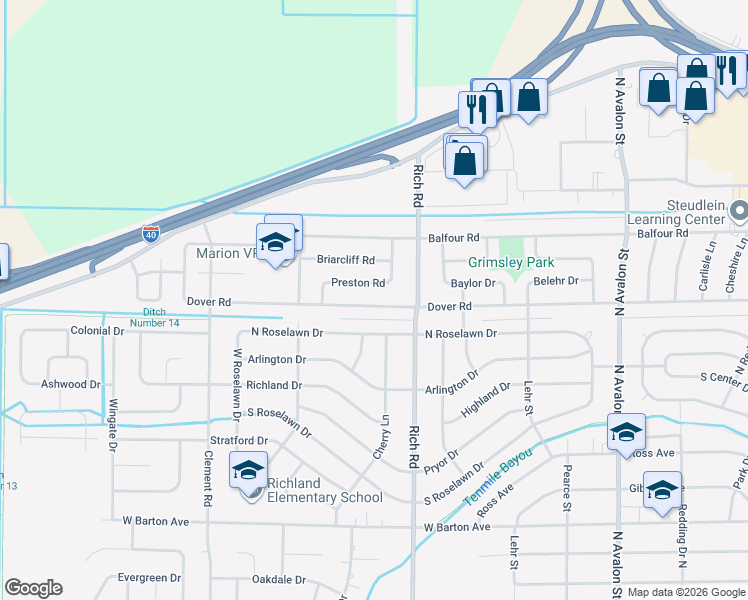 map of restaurants, bars, coffee shops, grocery stores, and more near 811 Dover Road in West Memphis