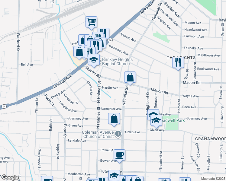 map of restaurants, bars, coffee shops, grocery stores, and more near 3345 Hardin Avenue in Memphis