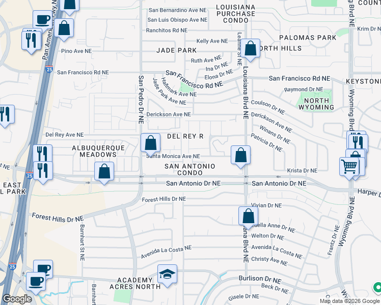 map of restaurants, bars, coffee shops, grocery stores, and more near 6900 Walnut Creek Road Northeast in Albuquerque