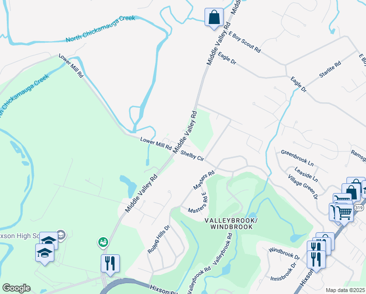 map of restaurants, bars, coffee shops, grocery stores, and more near 1504 Pheasant Run Place in Chattanooga