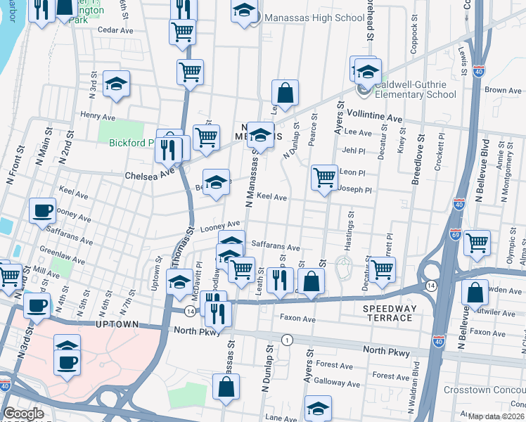 map of restaurants, bars, coffee shops, grocery stores, and more near 765 Leath Street in Memphis
