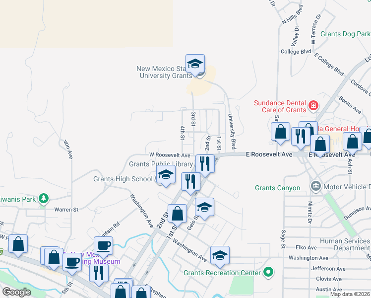 map of restaurants, bars, coffee shops, grocery stores, and more near 1204 4th Street in Grants