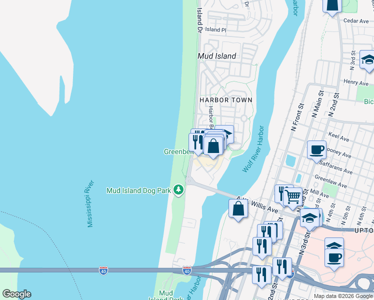 map of restaurants, bars, coffee shops, grocery stores, and more near 830 Island Drive in Memphis