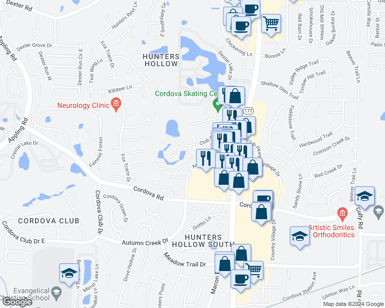 map of restaurants, bars, coffee shops, grocery stores, and more near 7924 Tennis Court Drive in Memphis